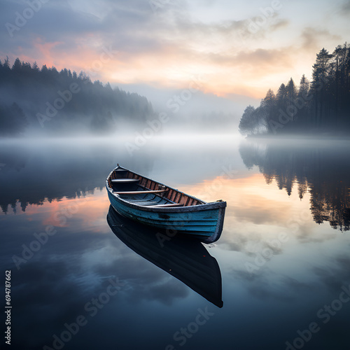 boat on the lake, A boat in a pristine lake on a foggy morning, A Single Rowboat on a Calm Lake, Beautiful landscape © Micro