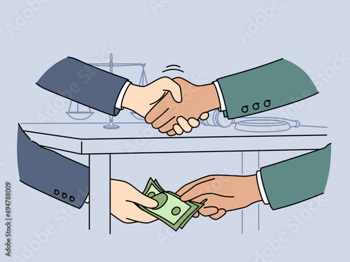 Official shakes hands with businessman after receiving bribe for unfair judicial decision or closure of criminal case. Judge with bribe symbolizes problems in field of law and jurisprudence