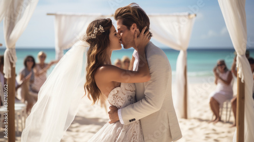 Bride and groom kissing on the wedding ceremony on sand beach near decorated wedding arch. Tropical summer wedding photo