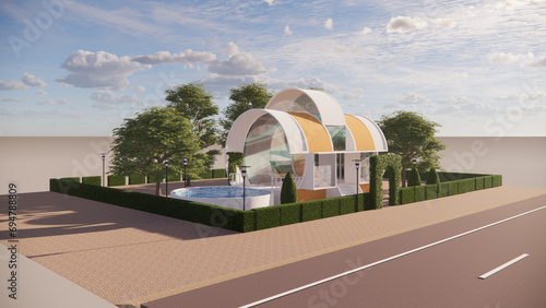 exterior 3d rendering of tube house with round mini pool with blue sky as background
