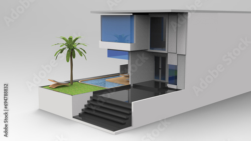 exterior 3d rendering of modern house with mini pool in front of yard isolated in white