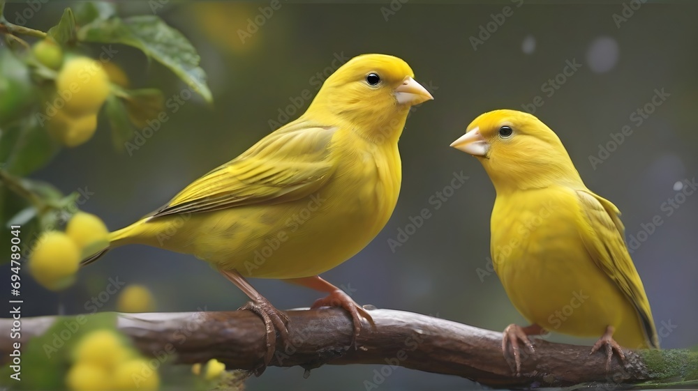 Close up of a canary bird on a branch with yellow flowers