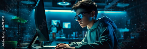 young coder from the new generation confidently working on a computer, emphasizing their digital skills . Generative AI photo