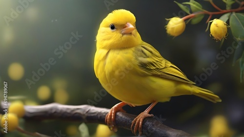 Beautiful yellow canary bird sitting on a branch with yellow flowers photo