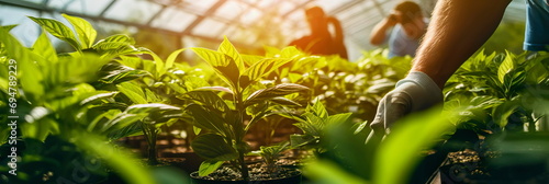 Collecting greenery in a greenhouse close-up, workers' hands at work . Generative AI