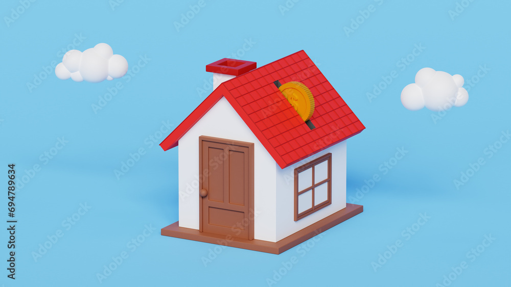 Saving income for future housing. Real estate income. Property investment and house mortgage. Rental income. 3D house like piggy bank with golden coin. 3d illustration