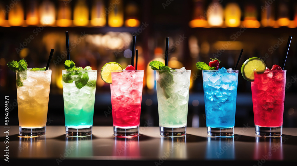 Cocktail Ranges Colour Variety of cocktails into glass set on the bar counter, line of ...