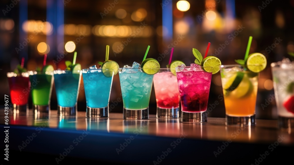 Variety of cocktails into glass set on the bar counter, line of different colored  cocktails