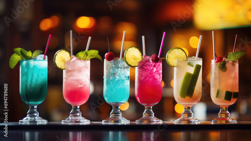 Variety of cocktails into glass set on the bar counter  line of different colored  cocktails