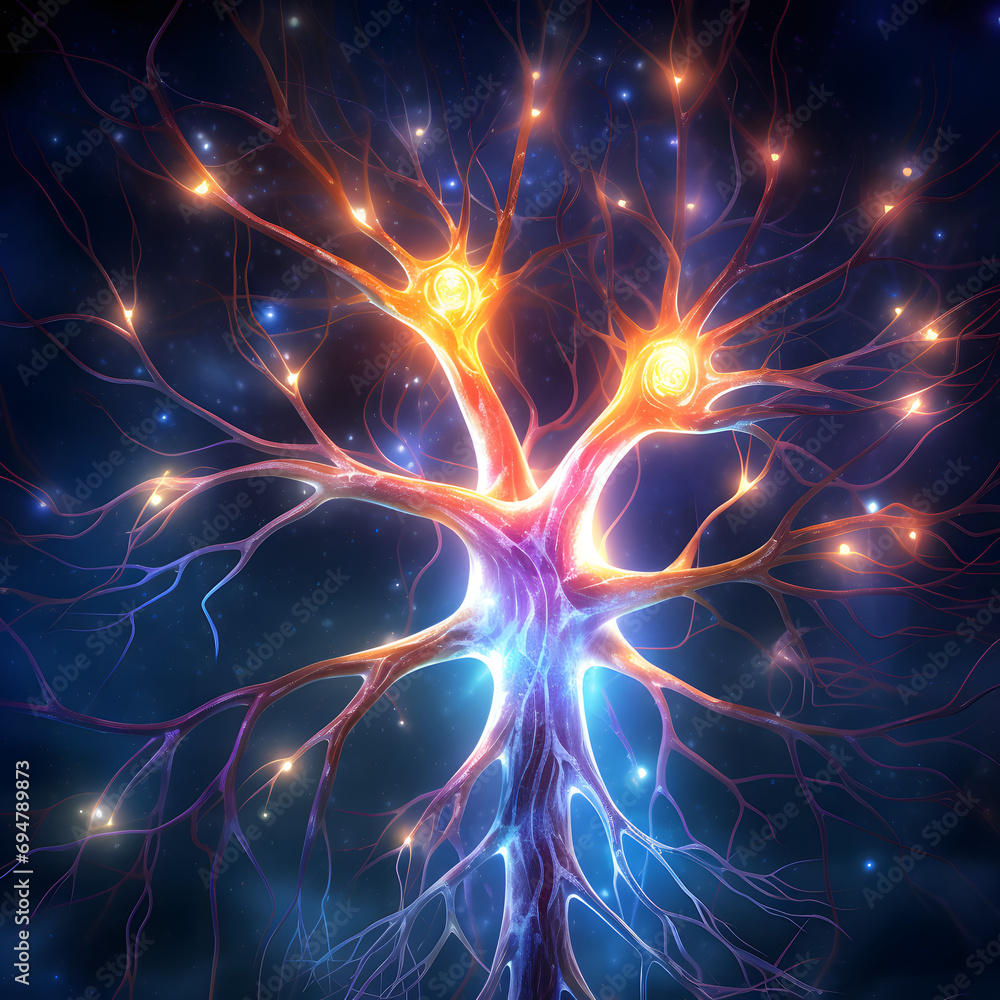 A drawing of a neuron with lights on dark blue background