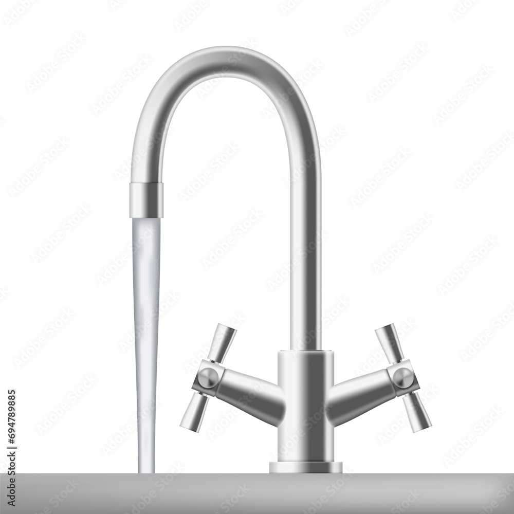 Chrome Steel Kitchen Faucet With Water On White Chrome Steel Kitchen Faucet With Water On White