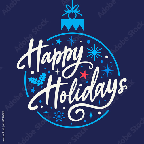 Happy Holidays printable card, banner, vector with 
Happy Holidays in cursive, text, font, phrase, 
message, holly berry clipart for Merry Christmas, 
gift tags, wrapper, label, social media post