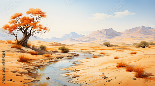 Desert landscape with Tree, and sandy shores. Earthy colors, oil painting. Generative AI © masanyanka