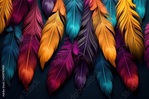 colorful feathers leave on the living wall 3d abstraction wallpaper. Abstract seamless pattern peacock feathers background. Multicolor feather above on hanging wall, Generative AI photo