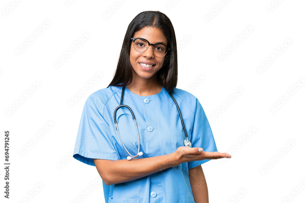 Young African american nurse woman over isolated background presenting an idea while looking smiling towards - obrazy, fototapety, plakaty 