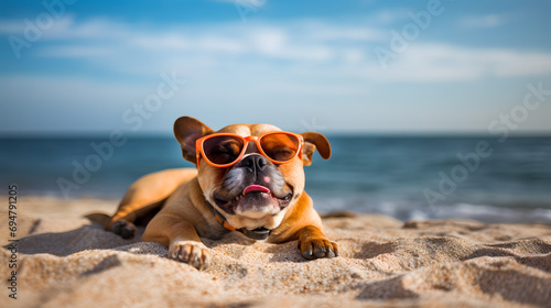 Happy Dog wearing sunglass for a commercial advertisement image in the beach