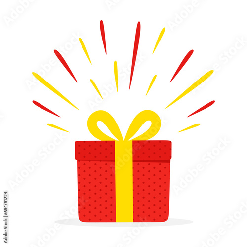 Red gift box with yellow bow. Surprise for Celebration, birthday, new year and christmas. Wonder gift in colorful flat style isolated on white background. Loyalty program reward. Vector illustration