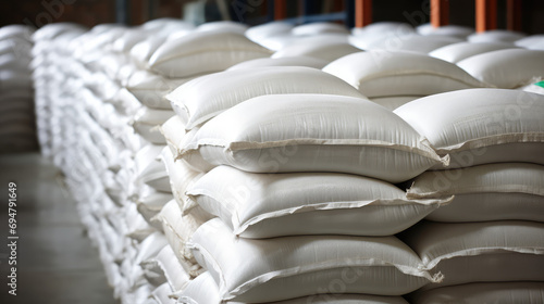 Close-up of a warehouse with bulk rice or sugar bags in a distribution center. White bag rice storage barn, bulk rice procurement, production and transportation of rice. photo