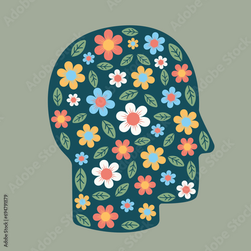 Concept of happiness and relaxation. Head with flower pattern. Mental health. Peace of mind and emotional balance.