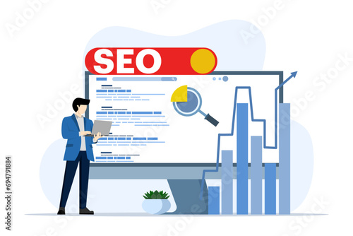 SEO ranking position change concept, search screen page with magnifying glass, Flat design style vector illustration, SEO, Search Engine Optimization, Top ranking concept, Flat Vector illustration.