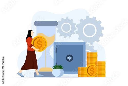 Money saving and profit concept, Financial goals, character carrying coins to save, Personal financial management and financial literacy. wealth management and investment plans. vector illustration.