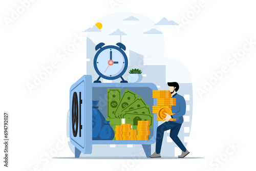 Money saving and profit concept, Financial goals, character carrying coins to save, Personal financial management and financial literacy. wealth management and investment plans. vector illustration.