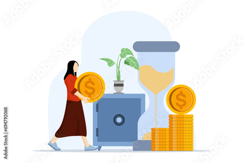 Money saving and profit concept, Financial goals, character carrying coins to save, Personal financial management and financial literacy. wealth management and investment plans. vector illustration.