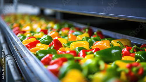 Lots of Fresh pepper on conveyor belt plant. Processing, quality control and packaging of fresh peppers. Selected vegetables, food industry.