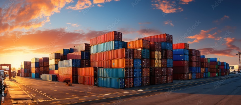 Stacks of Container Cargo in Container Logistics Industrial Port - obrazy, fototapety, plakaty 
