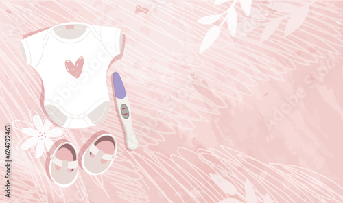 Modern pregnancy banner with copyspace for text, pregnancy test, baby bodysuit and booties on a pink background. Beautiful poster of motherhood and birth anticipation, family concept, baby products.