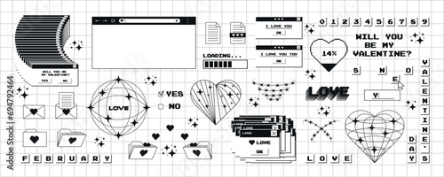 Big set of stickers for Valentine's Day in a trendy y2k style in a monochrome palette. Old computer aesthetics from the 90s, 00s. Retro PC elements, user interface. Vector illustration