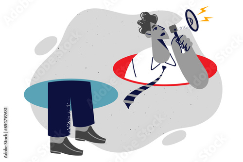 Business man with megaphone in hand to announce important changes in corporate rules