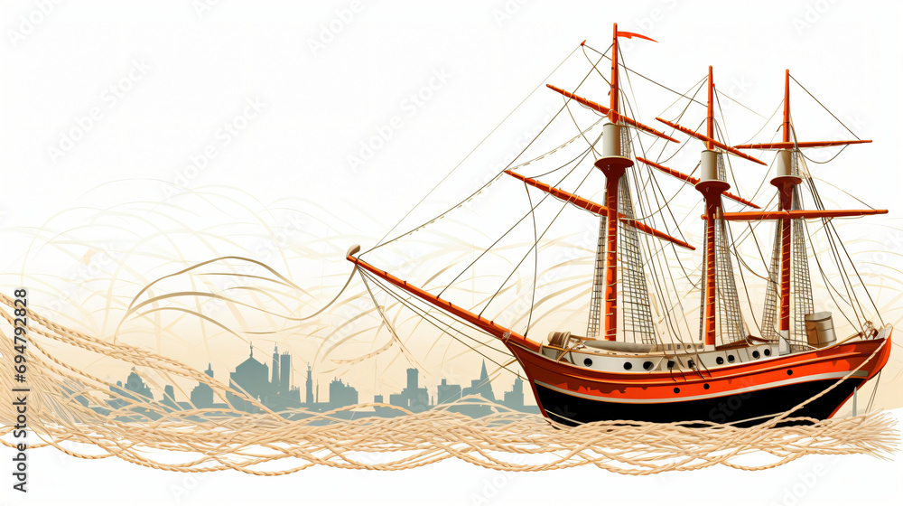 Nets and Ship Ropes Illustration on White Background