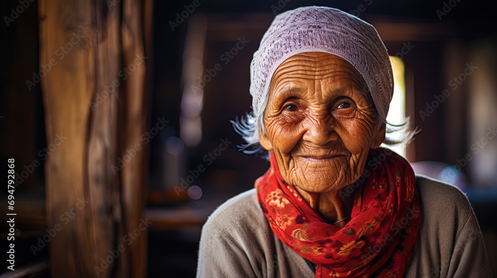 An old woman with an affectionate smile, glowing from warm memories An old woman with an affectionate smile, glowing from warm memories