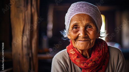 An old woman with an affectionate smile, glowing from warm memories