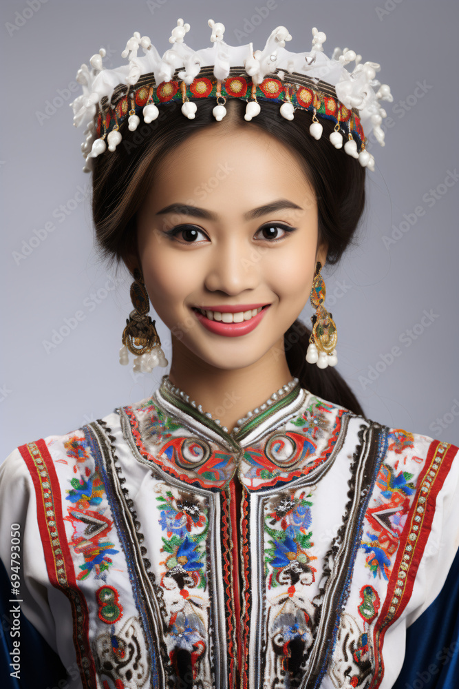 a woman in a traditional dress smiling for a picture