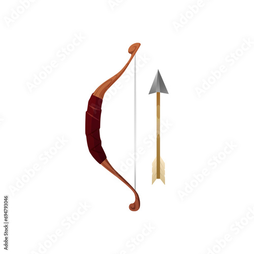 Bow with arrow vector illustration, archery or hunter tool for role game, medieval weapon item, ancient warrior asset