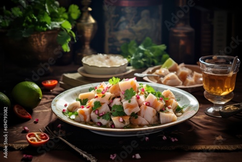 ceviche hispanic dish served at dinner table photo