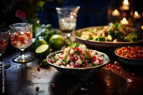 ceviche hispanic dish at festive christmas dinner decorated with pomegranate seeds.