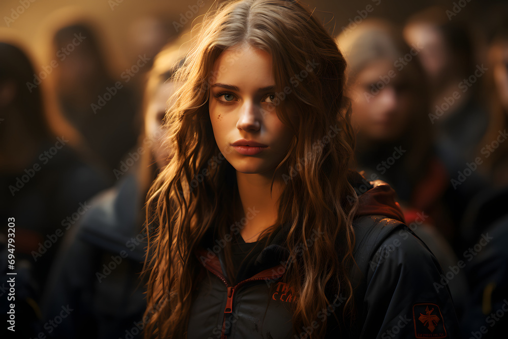 Portrait of beautiful young woman in a hooded jacket on cinematic background. Fitness woman in sportswear looking at camera.Ai
