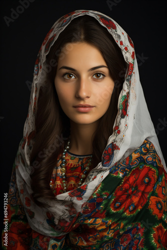 a woman in a colorful dress and a white scarf photo