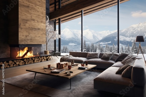 modern chalet with panoramic views on mountains interior design with fireplace photo
