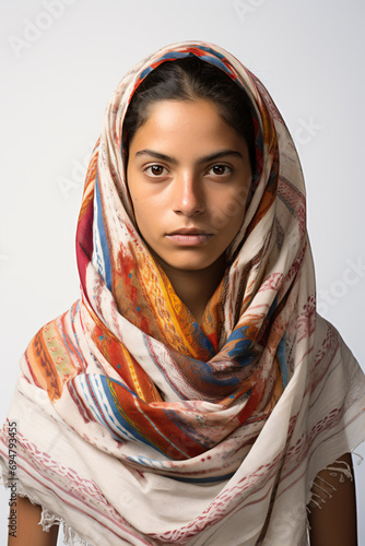 a woman wearing a scarf and a white shirt photo