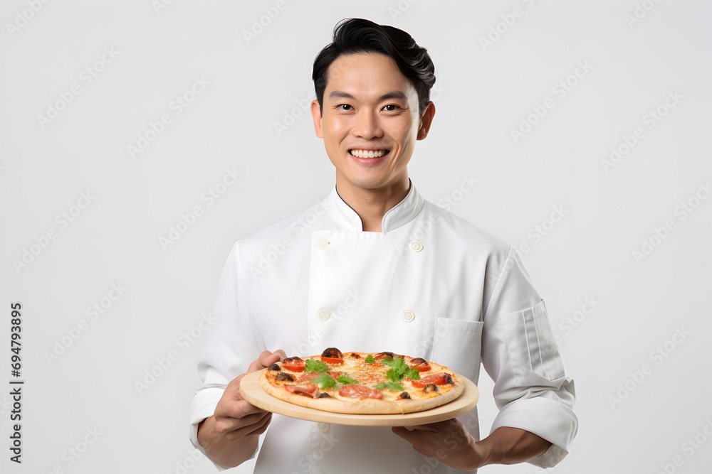 Young asian chef holding pizza isolated on white background with clipping path Young asian chef holding pizza isolated on white background with clipping path