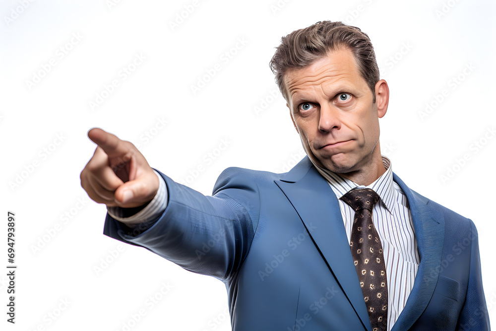 Handsome caucasian mature man in blue suit pointing at something isolated on white background Handsome caucasian mature man in blue suit pointing at something isolated on white background