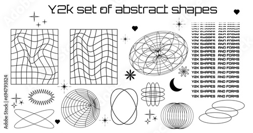 Set of abstract form and shapes in psychedelic style. Rave. Wireframe elements. Retro y2k. Vector  illustration. Black background. Isolated. Futuristic Flyer. Cyberpunk. White background. Brutalism