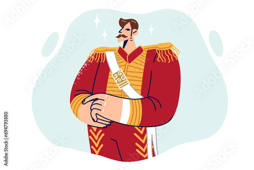 Man dressed as russian tsar Nicholas 2 proudly looks at screen urging to visit monarchy museum