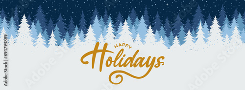 Happy Holidays in cursive, font, calligraphy, phrase, 
text, type, Christmas banner printable, winter forest background, clipart, vector for Happy holidays email signature, email banner, social media