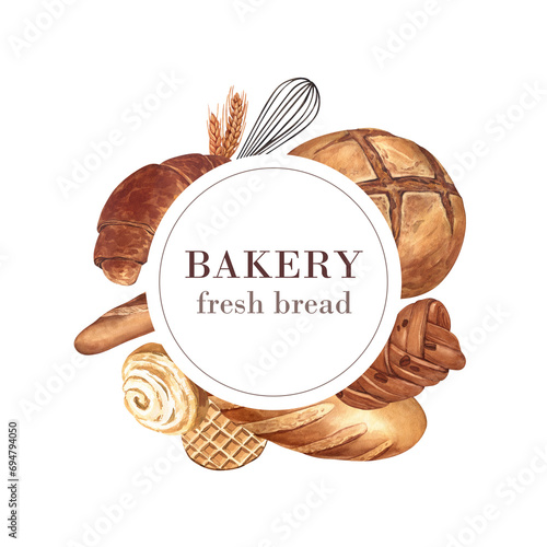 Bakery of wheat flour product. Bread, loaf of rye and french baguette, buns, croissant, cookie and kitchen tools. Watercolor round frame hand-drawn illustration isolated on white background.