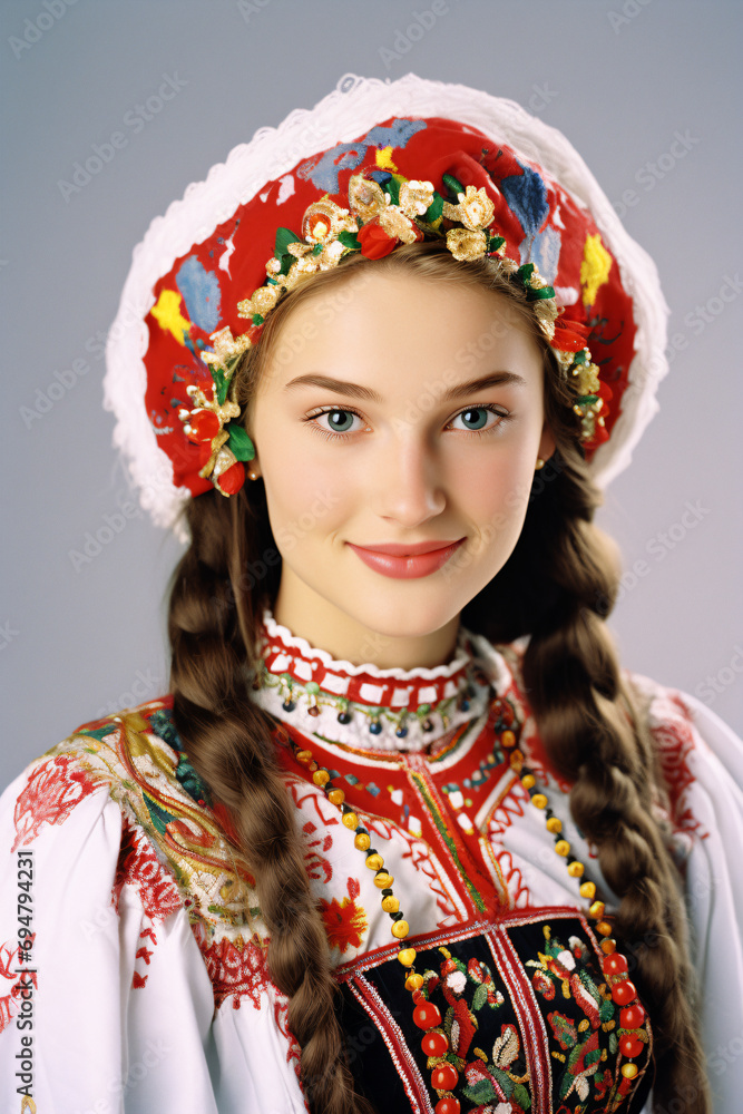 a girl in a traditional russian dress